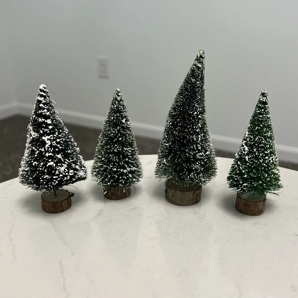 Dept 56 Christmas Village Frosted Flocked Topiary Bottle Brush Trees Lot of 4‎